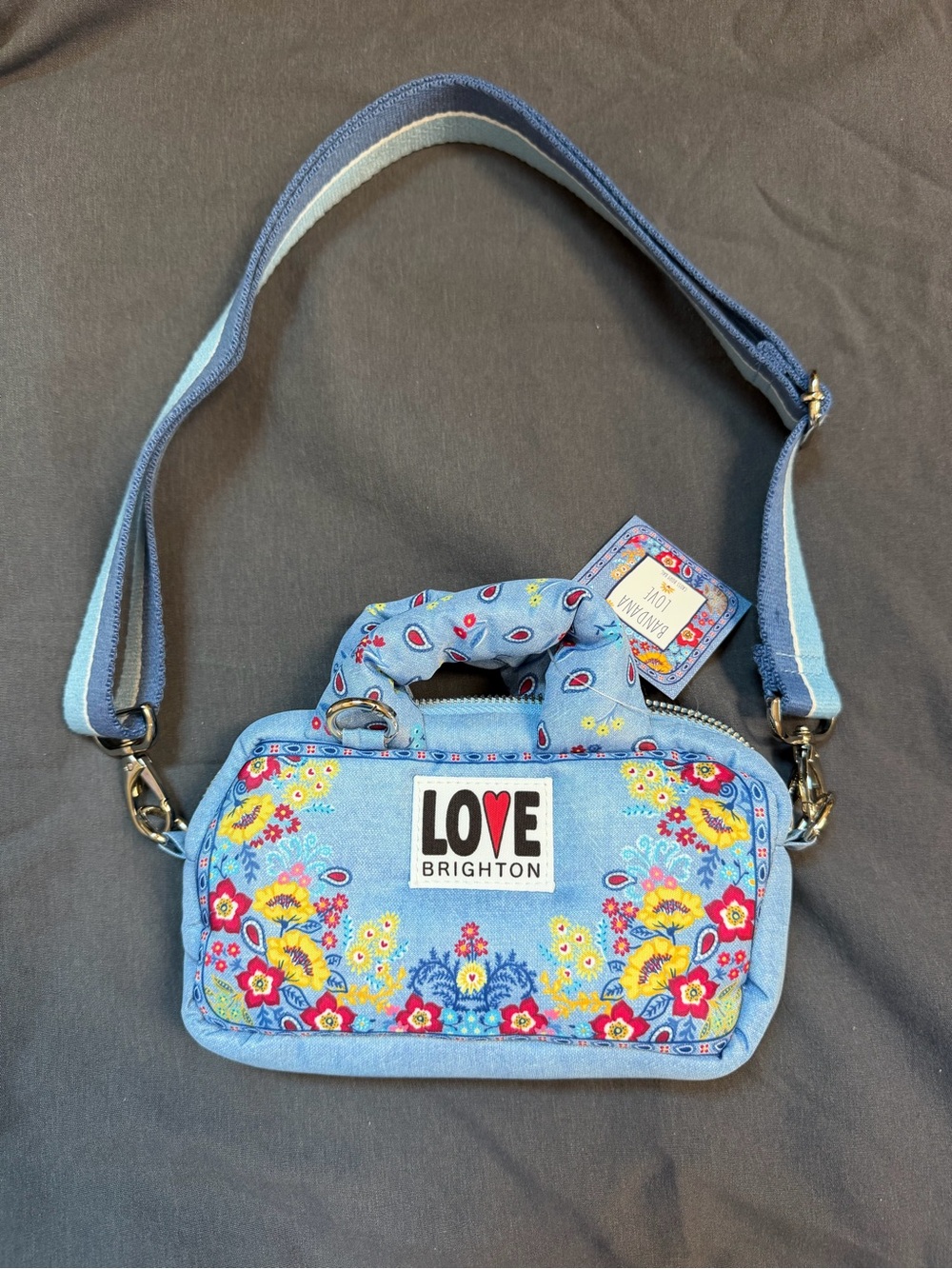 BRIGHTON Bandana Love Blue Floral Crossbody Bag Blue & White Striped Lining NWT